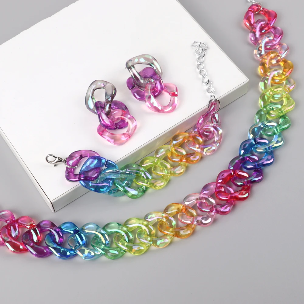 FishSheep Statement Bunte Acrylkette Choker-Halsketten für Frauen Boho Multi Color Big Chunky Link Collar Halskette Geschenk – Detail 1