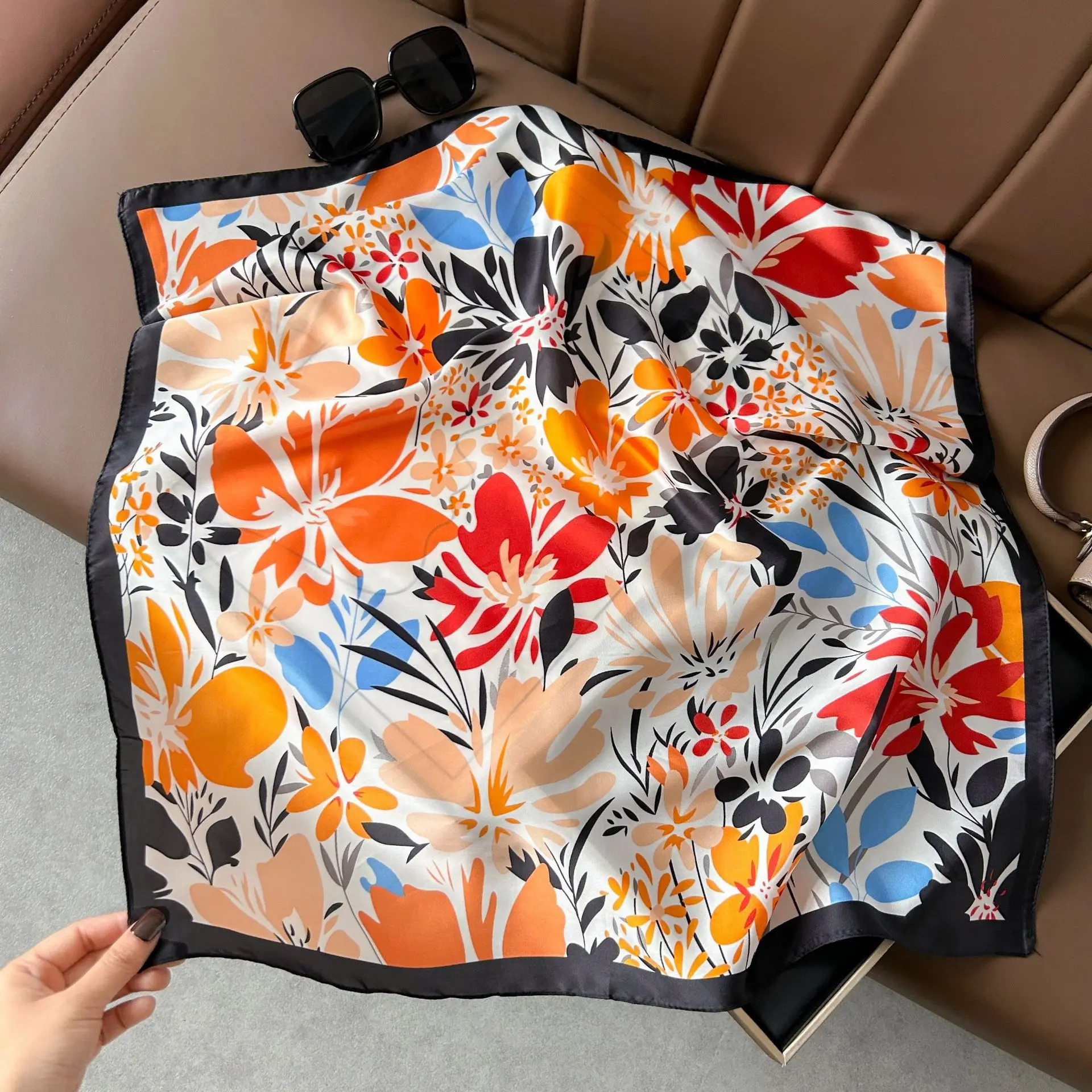 

90*90cm Imitation Silk Square Scarf for Women Spring Summer Decoration Bandanna ScarvesFloral Print Neckerchief Headband Hijab