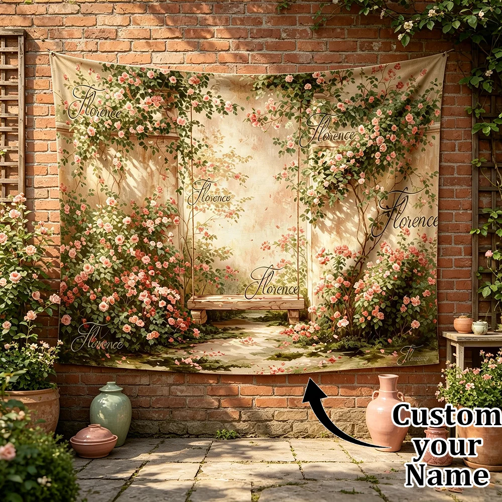 1PC Personalized Vintage Rose Garden Swing Tapestry Custom Name Repeating Floral Arch Wall Hanging Bedroom Romantic Decor