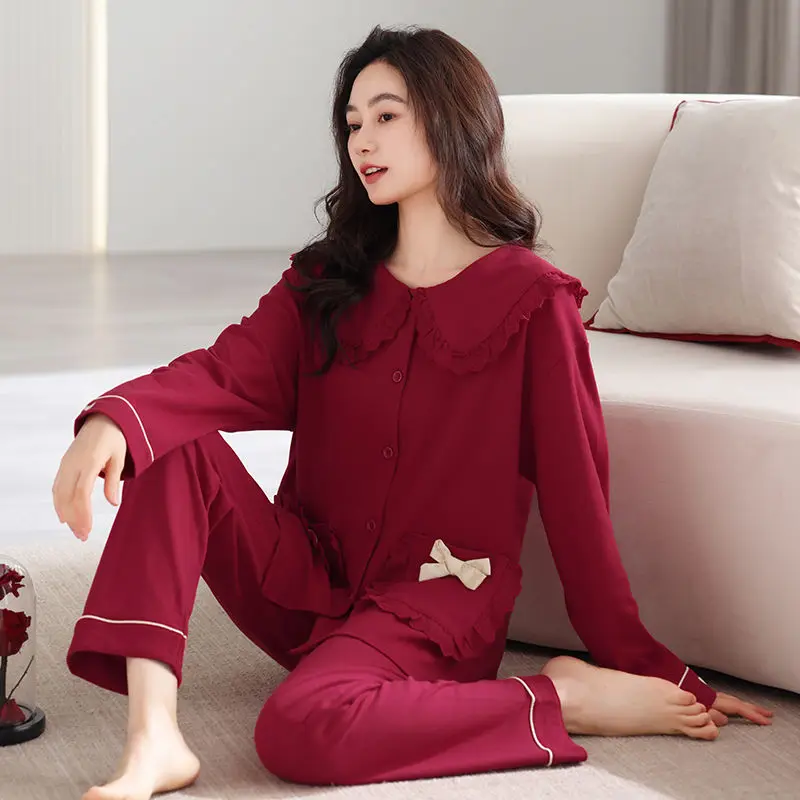 Autumn 2024 New Pajamas Women Spring Pure Cotton Long Sleeve Ladies Red Year of Life Newlywed Home Wear Fashionable beautiful