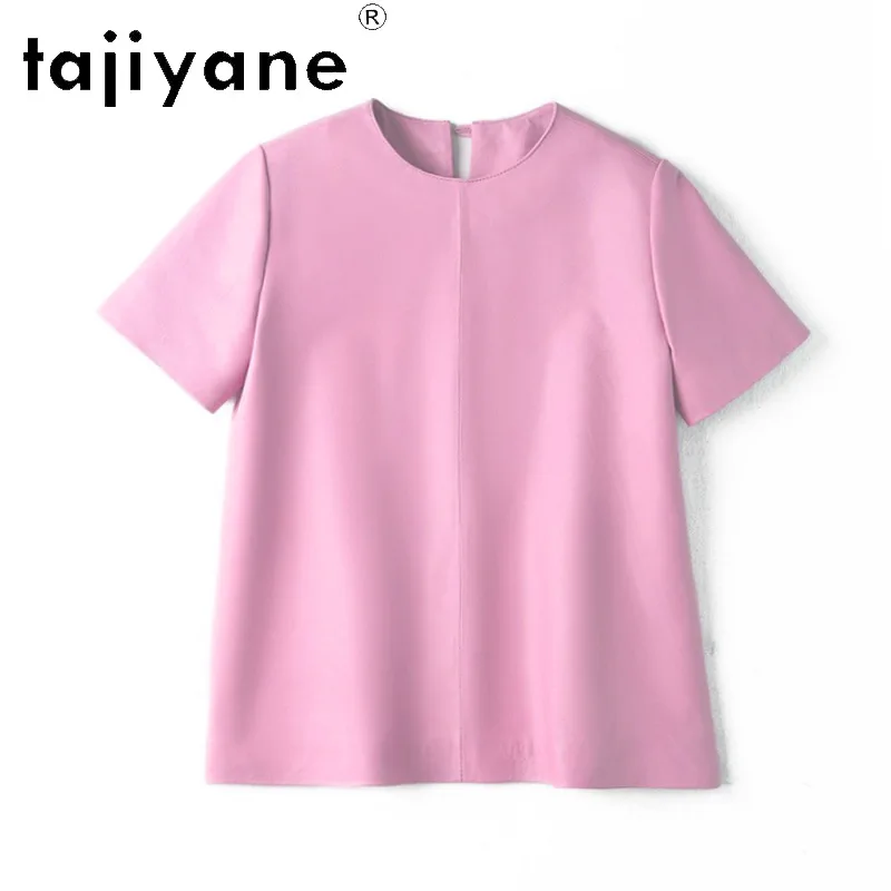 TAJIYANE Genuine Sheepskin Women T Shirts Short Sleeve Pullover Leather Top U Collar Crop Top Spring T-Shirt Women Clothes 2026