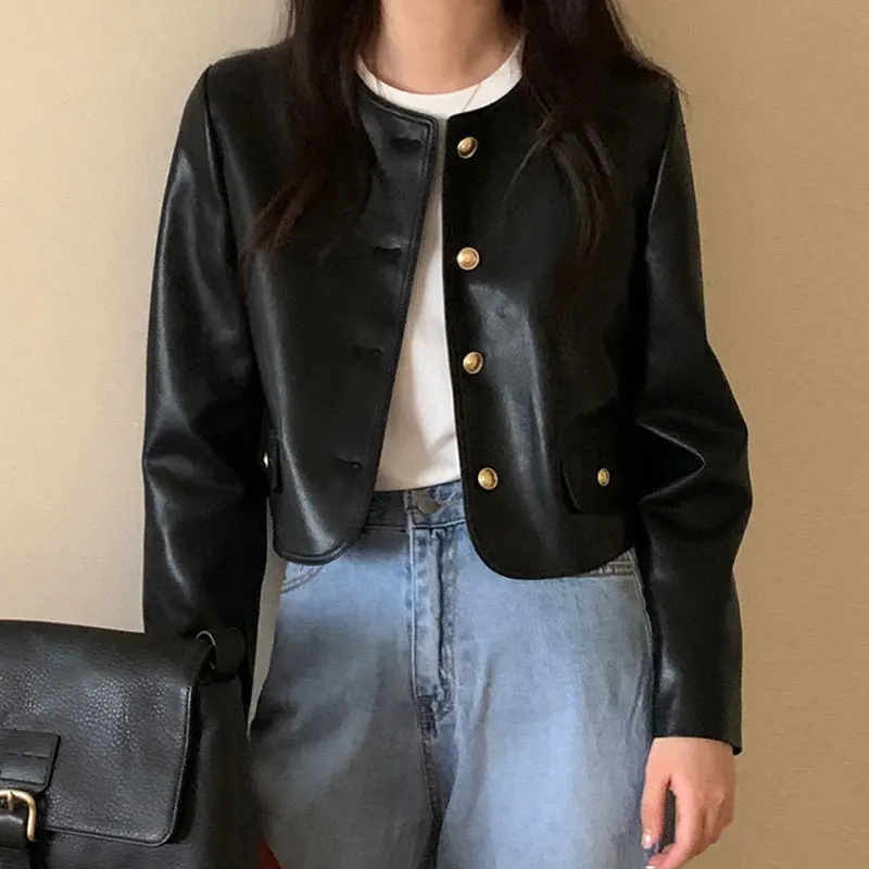 Spring Autumn Vintage Round Neck Leather Jacket For Women Metal Single Breasted Loose Long Sleeved Short Black Leather Coat