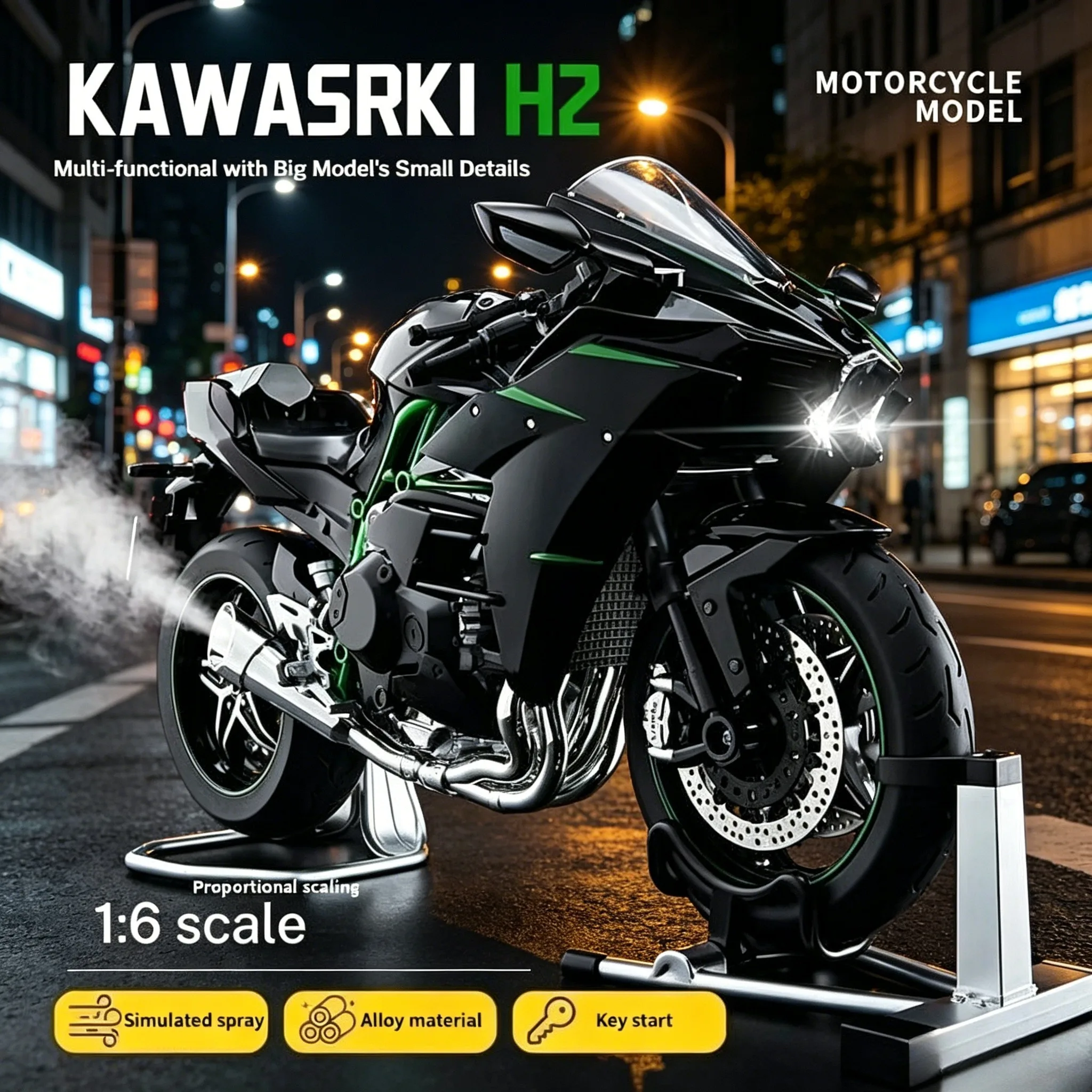 For Kawasaki H2R 1：6 Ninja With Spray Alloy Motorcycle Model Toy Vehicle Collection Sound and Light Off Road Autocycle Toys Car