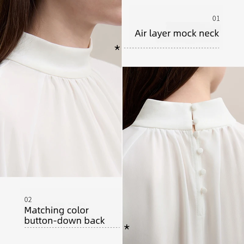 Amii Damen-Bluse, 2026, frühjahrsneu, elegant, für Pendler, halber Rollkragen, Chiffon-Hemd, Damen-Raglanärmel, solides, lockeres Oberteil 12641072