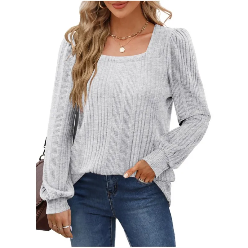 2024 Female Square Collar Long Sleeve T-Shirt Blouse Office Lady Spring Autumn New Fashion Elegant Solid T-Shirts For Women Tops