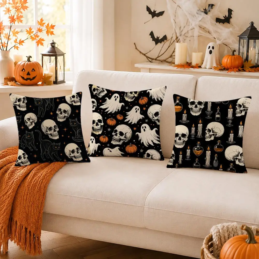 Dark Skull Halloween Seamless Patterns Cushion Cover Skin-Soft Pillow Cover Festive Home Accent Great Gift for Sofa Bed