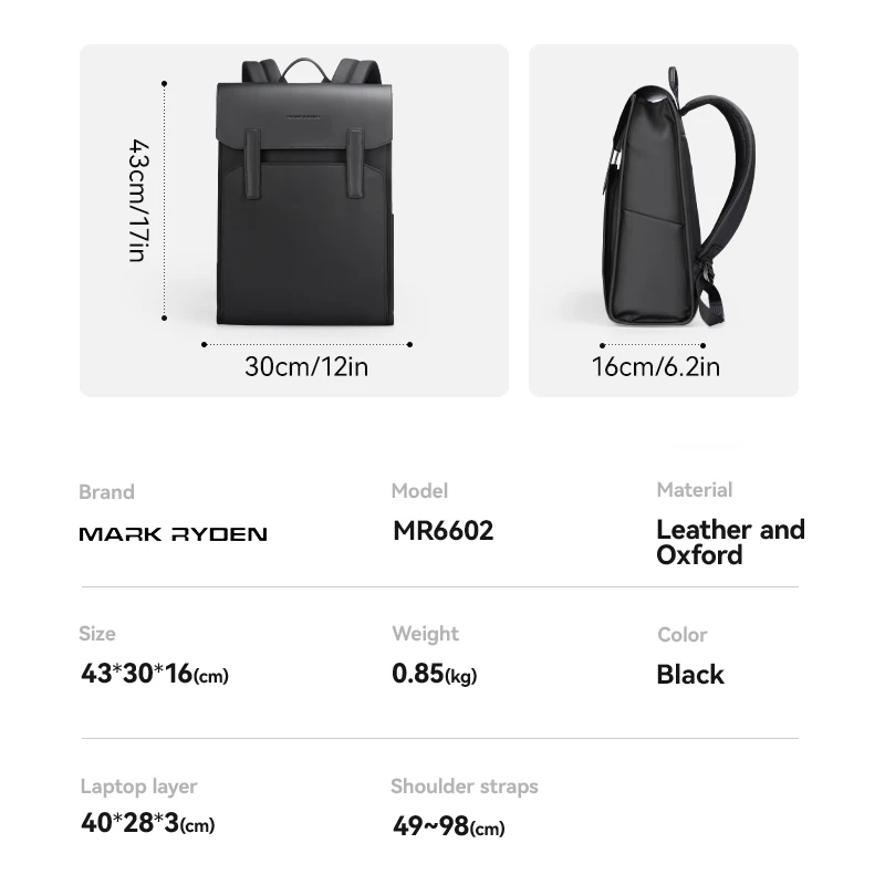 Mark Ryden Classic Business Work Black Leather Backpack 15.6 Inch Laptop Waterproof Bag School Bags Business bacbackpack for men