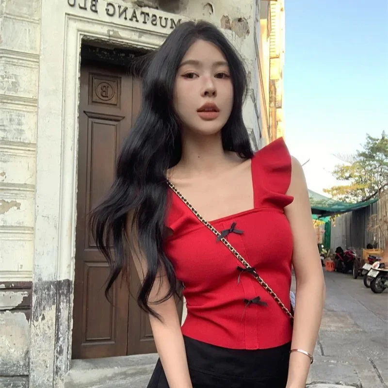 ホットガールノースリーブキャミソール夏韓国スタイル新デザインショートちょう結び純粋な欲望の女性のスリムフィットトップ