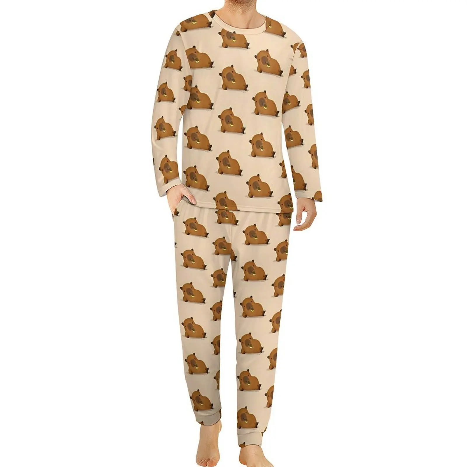 Capybara-Ensemble de pyjama à manches longues pour hommes, pyjama cool animal mignon, vêtements de nuit esthétiques personnalisés, jus de boisson, 4XL, 5XL, printemps, 2 pièces