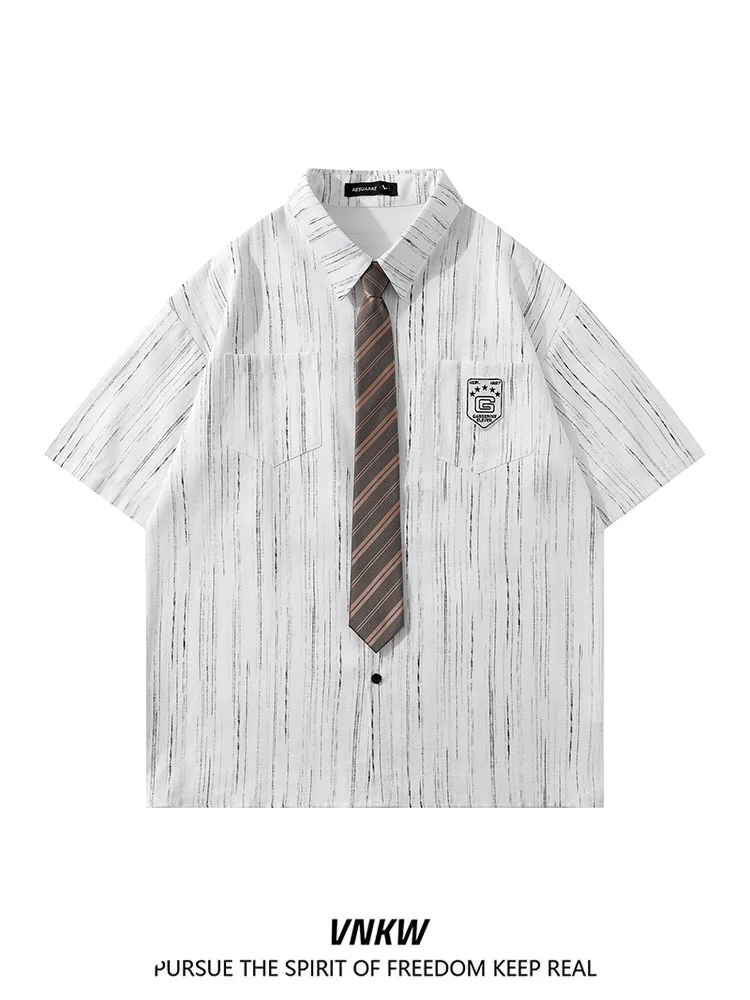 

Casual Summer irt Striped ort Sve Turn-down Collar ex Loose Versatile Tie Casual Couple's irt Trendy Street Sle