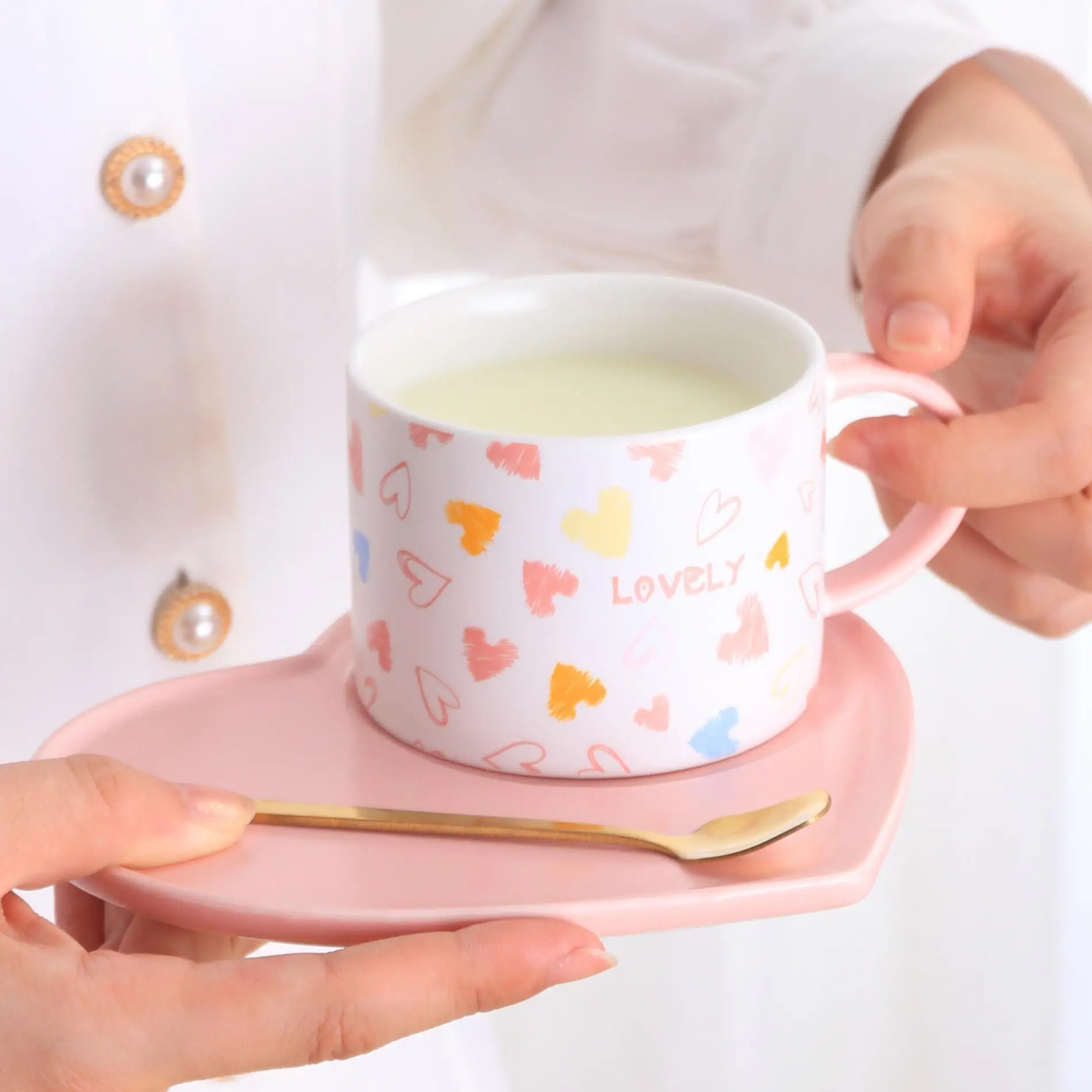 Pink Cute Ceramic Coffee Cup Saucer Sets Love Heart Style Plate With Spoon Couple Pair Cup And Dish Set Home Office Coffee Cup