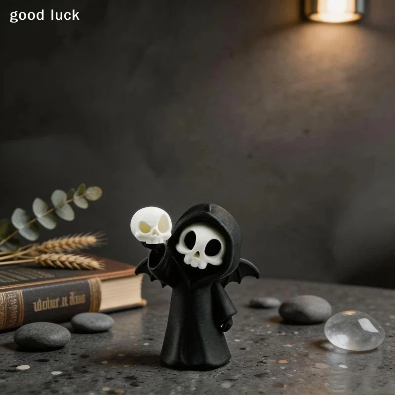 Mini Grim Reaper Resin Figure With Wings, Kawaii Skeleton Statue Holding Skull, Gothic Desktop Ornament For Halloween Party