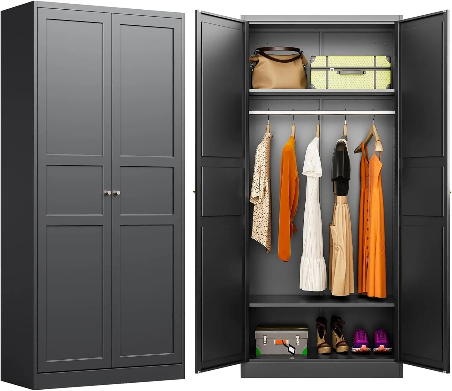 

Metal Wardrobe Cabinet, Armoire Wardrobe Closet with doors, Black Metal Clothing Storage Cabinet, with Adjustable Shelves