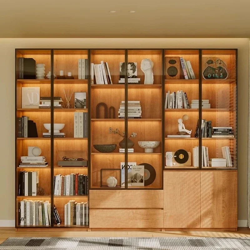 

Solid wood bookcase locker integrated household living room wall display cabinet shelf with glass door