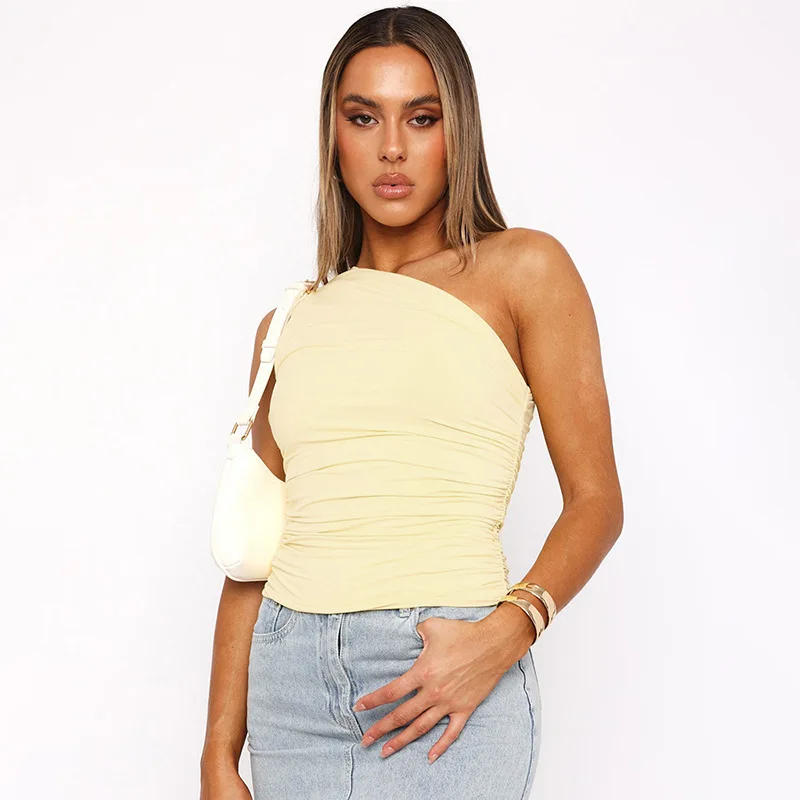 Einfarbig eine Schulter rücken frei schrumpfen Tank Top T-Shirt Süßigkeiten Farbe eng sexy ärmellose Hals ohne schlanke Casaul Top – Detail 27