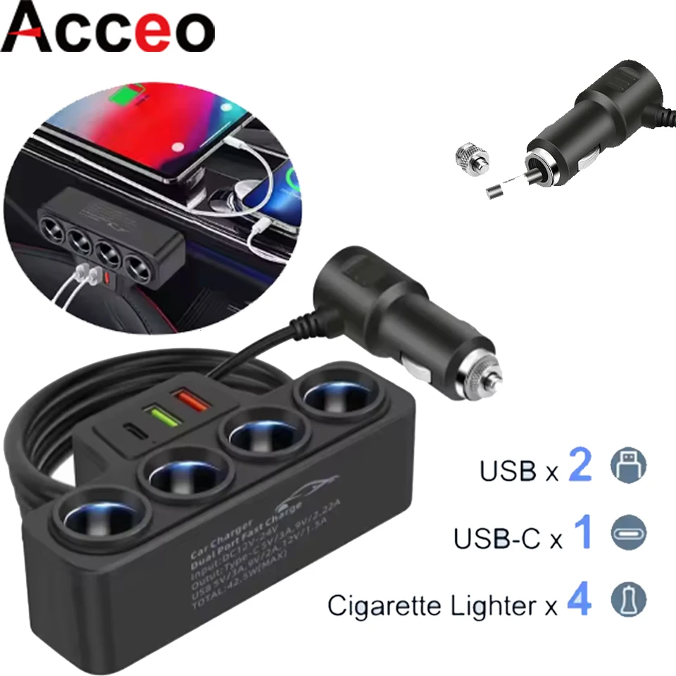 4-Hole Car Cigarette Lighter Charger 120W/12V USB PD Fast Charging Power Adapter Multifunctional Car Charging Socket for Travel