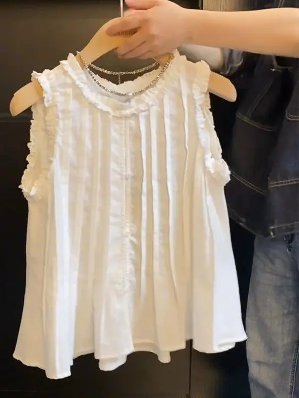 

Sweet Design Svel Pleated irt Women Summer 2025 Slimming Top New Sle Vest Korean Loose Fit round Ne Thin Material