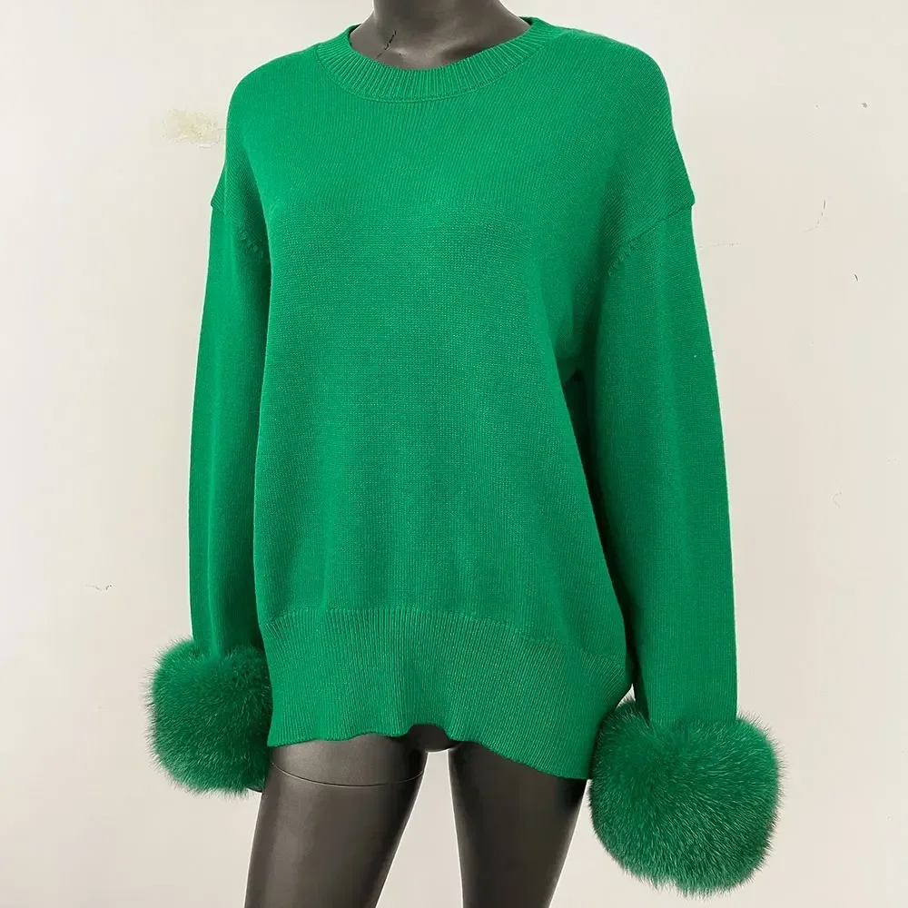 

European American 2025 New Autumn Winter Knitted Sweater O-neck Loose Solid Color Sweater Detachable Real Fox Fur Cuff Sweater