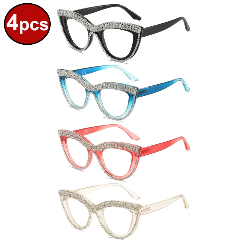 Luxury Rhinestone Cat Eye Reading Glasses Women Diamond Anti Blue Light Glasses Fashion Elderly Ladies Computer Readers Eyewear