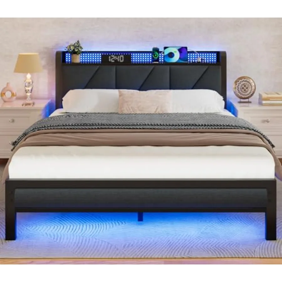Size Bed Frame with Storage Shelf and Upholstered Headboard for Bedroom, Fabric, Gray, Space-Saving Design with Soft-Touch Upho
