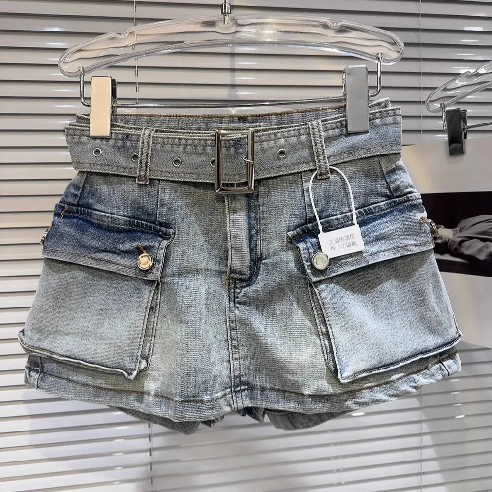 Short en jean baggy pour femme, short en jean avec ceinture, grandes poches, short de sport prepop, short de motard, streetwear, fille sexy, Y2K, Harajuku