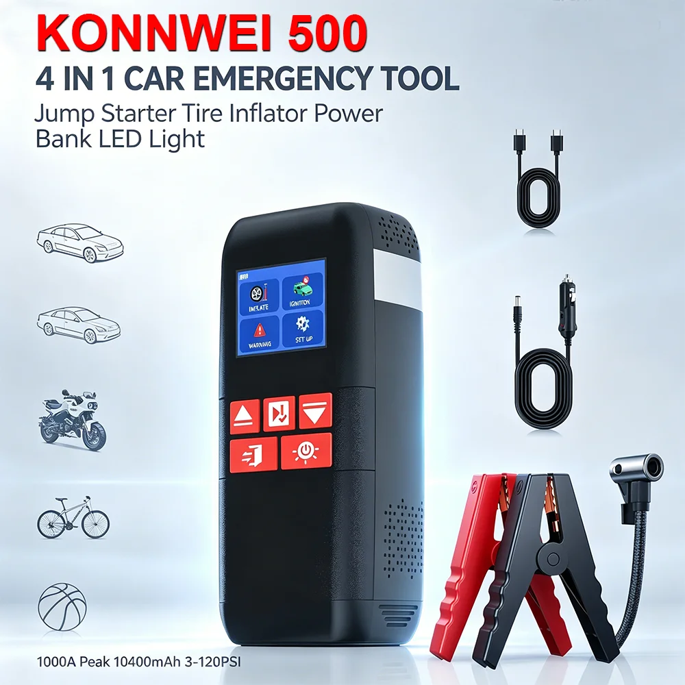 KONNWEI SA500 4 IN 1 Car Jump Starter 1000A Peak 10400mAh 12V Auto Battery Booster With Tire Inflator Air Compressor For Gas