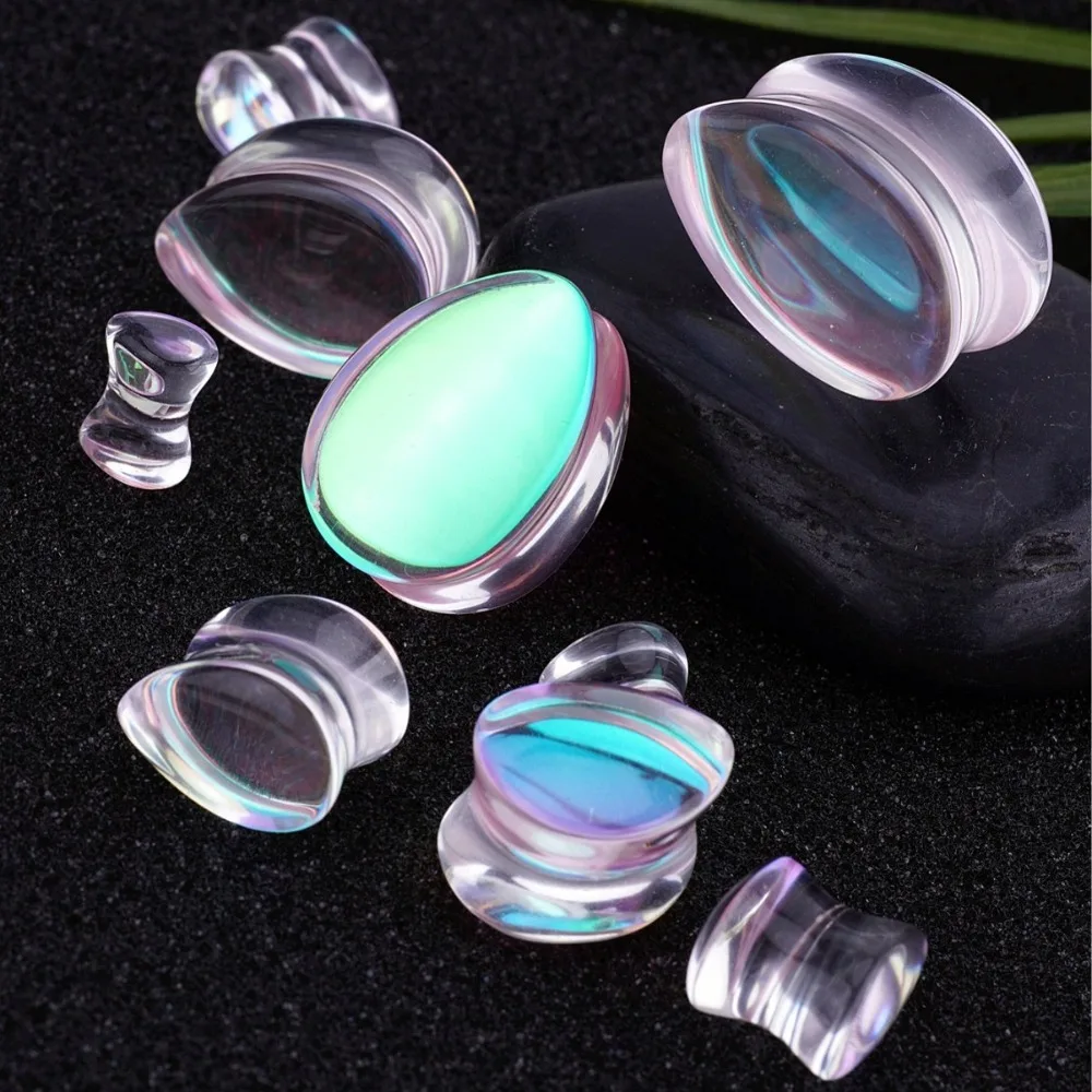 New Teardrop-shaped Ear Expansion Tunnel Plug AB Fantasy Double Arc Transparent Crystal Glass Piercing Body Jewelry 2g-1