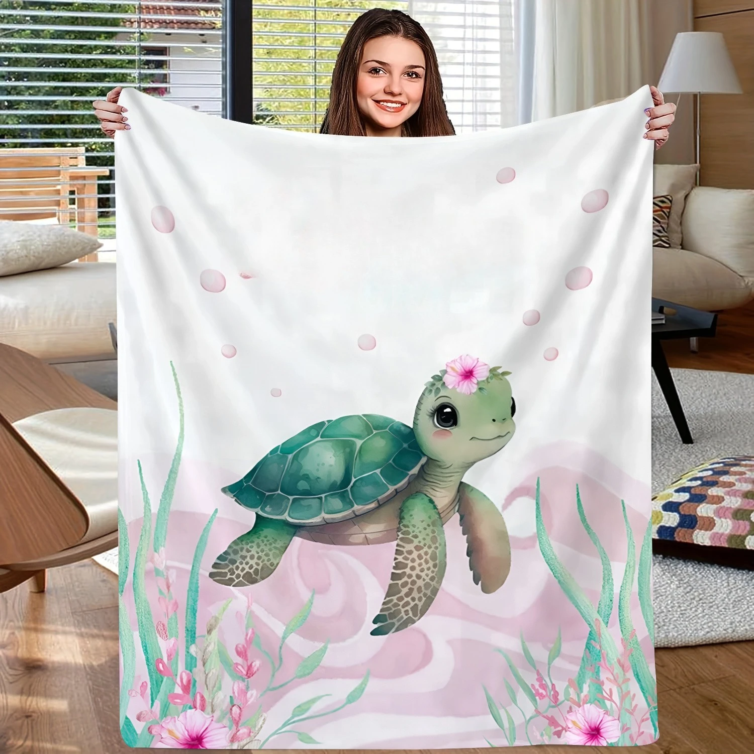 Newest Watercolor Pink Sea Turtle Undersea Creature Custom Name Flannel Throw Blanket, Personalized Ocean Animal Blanket