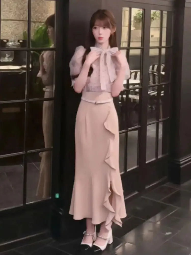 

Korean High-End Polka Dot Halter Neck Dress And Top Two-Piece Set Sexy Summer Outfit for Young Women Cotton Short Sleeve