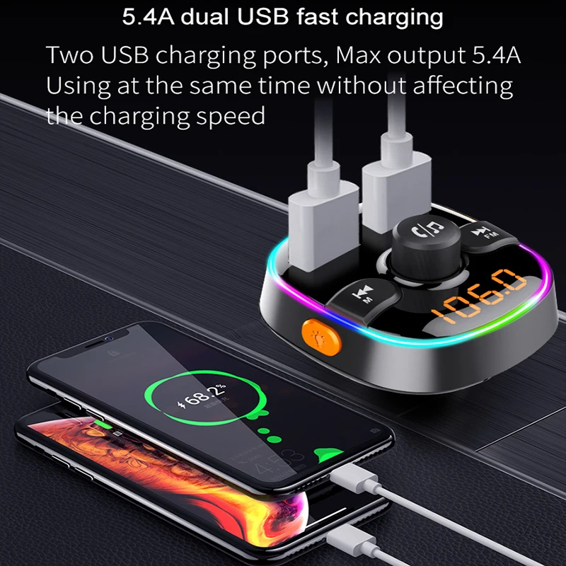 블루투스 호환 5.0 FM 송신기 무선 핸즈프리 자동차 MP3 플레이어 차량용 키트 FM 변조기 듀얼 USB 충전기 RGB 라이트