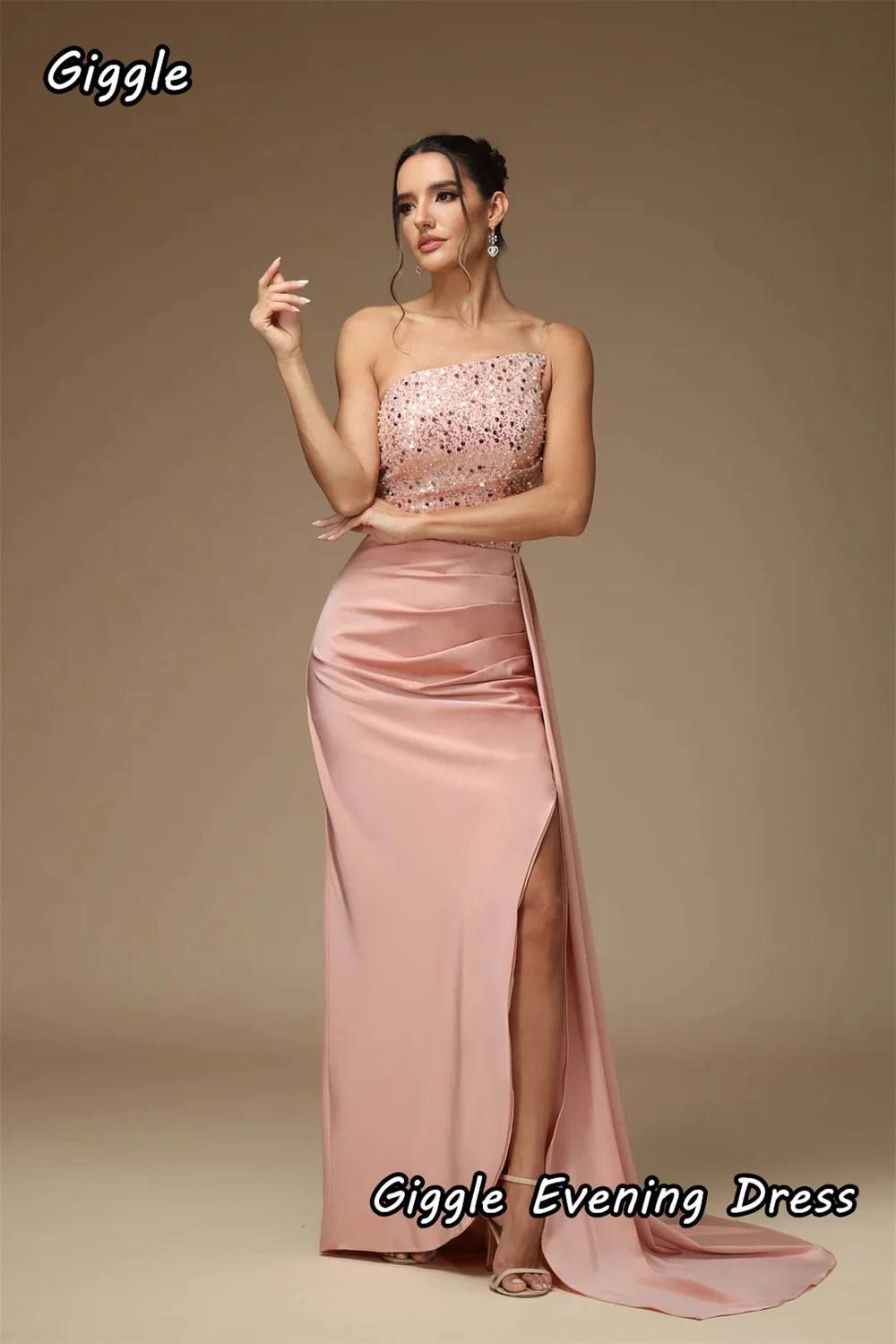 Giggle-Vestido largo de satén con lentejuelas para mujer, traje elegante de sirena, color rosa, sin mangas, para fiesta de noche, 2024