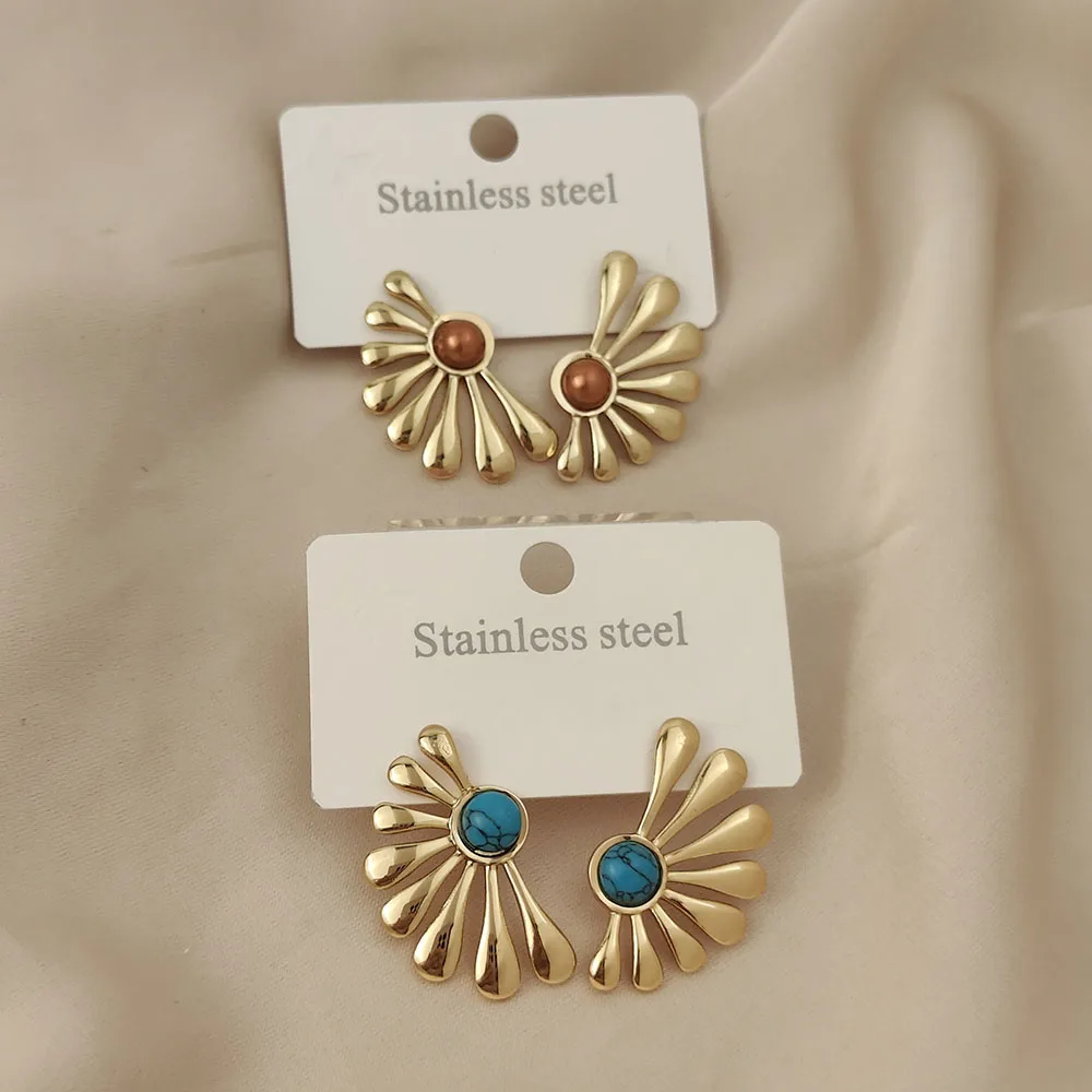 Stainless Steel Fan Shape Teardrop Stud Earrings Gold Tone Inlaid Stone Vintage Statement Ear Jewelry for Women