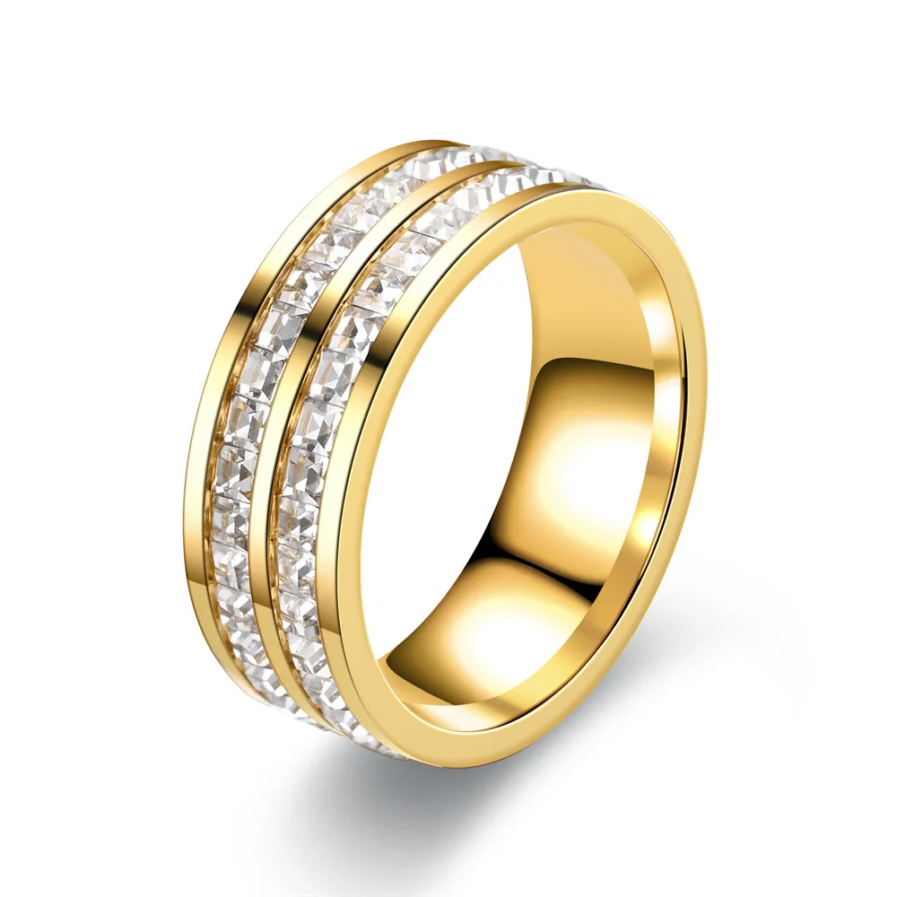 Stainless Steel Diamond Ring Featuring Heart U Shape Geometric Design Available in Silver Gold Rose Gold Single or Double Row 4M