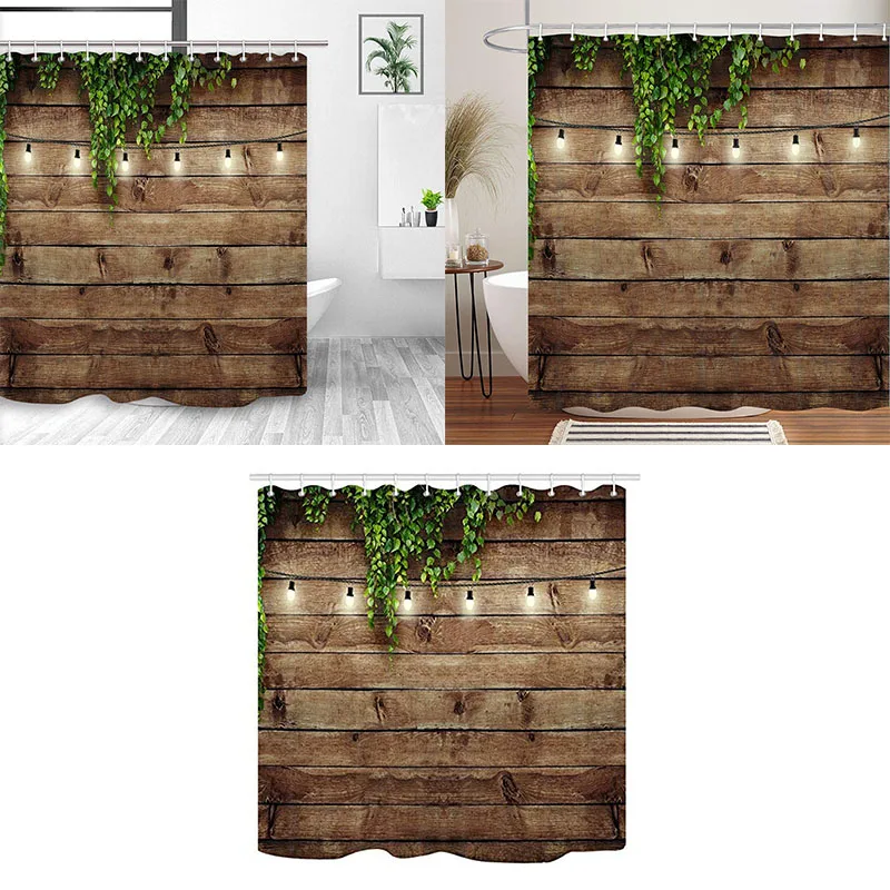 Vintage Rustic Wooden Board Door Shower Curtain, Green Leaves On Farmhouse Country Wood Plank, Waterproof Polyester Fabric