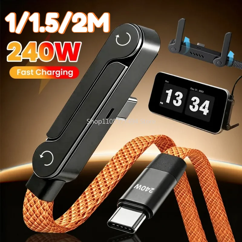 Cabo de Carregamento Rápido e Dados Tipo C para USB C 2 em 1 de 240W com Suporte Dobrável para Celular, Cabo de Carregamento Rápido Tipo C para iPhone 17 Preto/Laranja