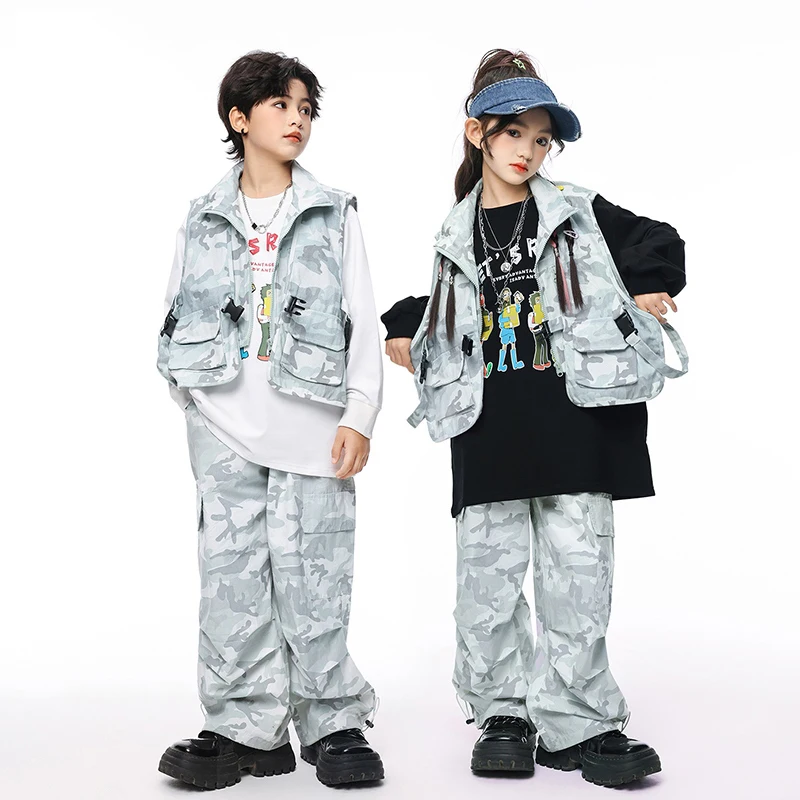 

2024 New Jazz Dance Costumes For Girls Camouflage Vest Hiphop Pants Streetwear Boys Modern Jazz Performance Stage Wear DQS17531