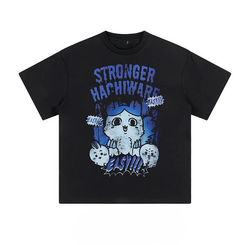 Retro Grunge Hachiware Chiikawa Graphic T-shirt Black Solid Cotton Oversized Tees Distressed Rock Style Anime Print Short Sleeve