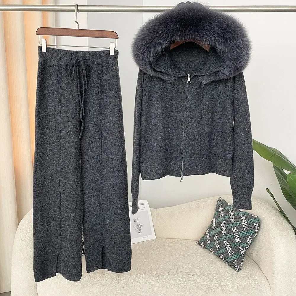 Knitwear Autumn and Winter Fashionable Sweater Suit Women Trousers Hooded Jacket with Detachable Fox Fur Collar Fur Coat