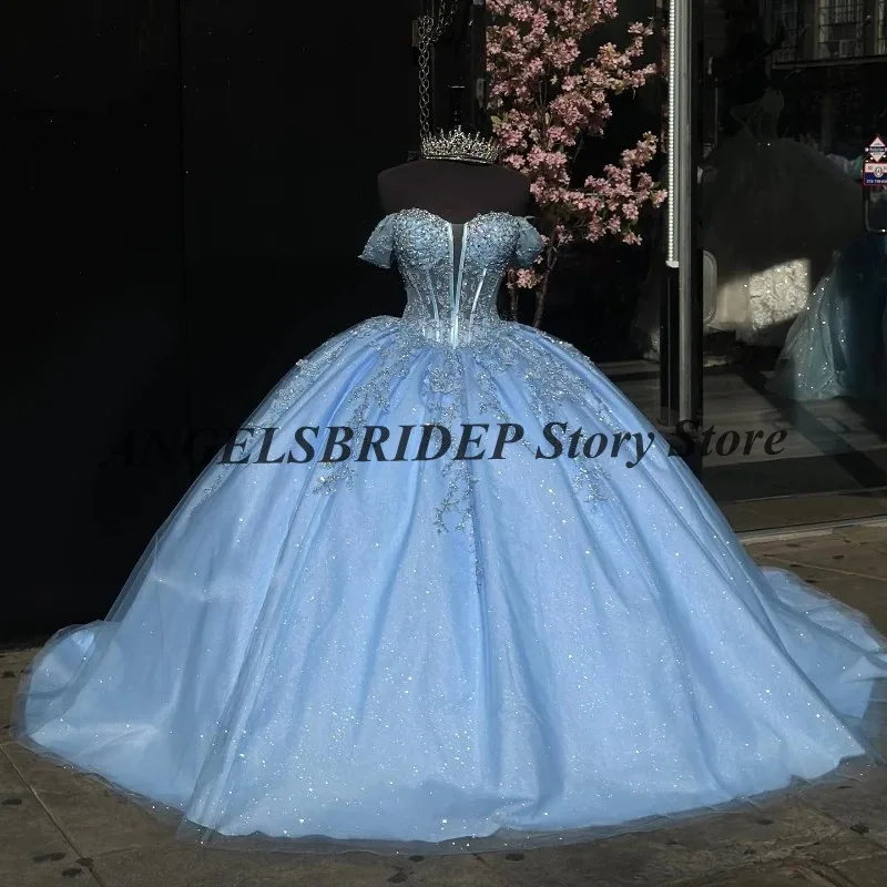 ANGELSBRIDEP-Vestidos Quinceanera Azul Claro Céu, Apliques Princesa, Renda Tule, Contas, Vestido de Festa de Aniversário, 16 Anos