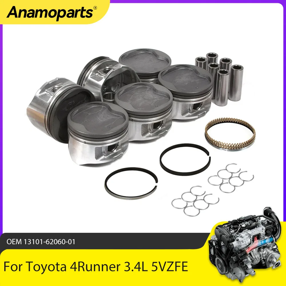Juego de pistones y anillos de piezas de motor compatibles con 3,4 L para Toyota 4Runner T100 Tundra Tacoma 3.4L V6 GAS DOHC 5VZFE STD 93,5 MM 95-04