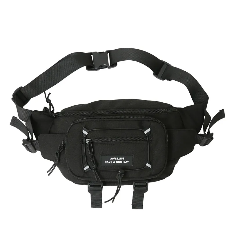 สไตล์ Street Fanny Pack เอวกระเป๋า Hip Hop Harajuku แพ็คโทรศัพท์ Casual Unisex กระเป๋าสะพายหน้าอกไนลอนสีดำกระเป๋าคาดเอว