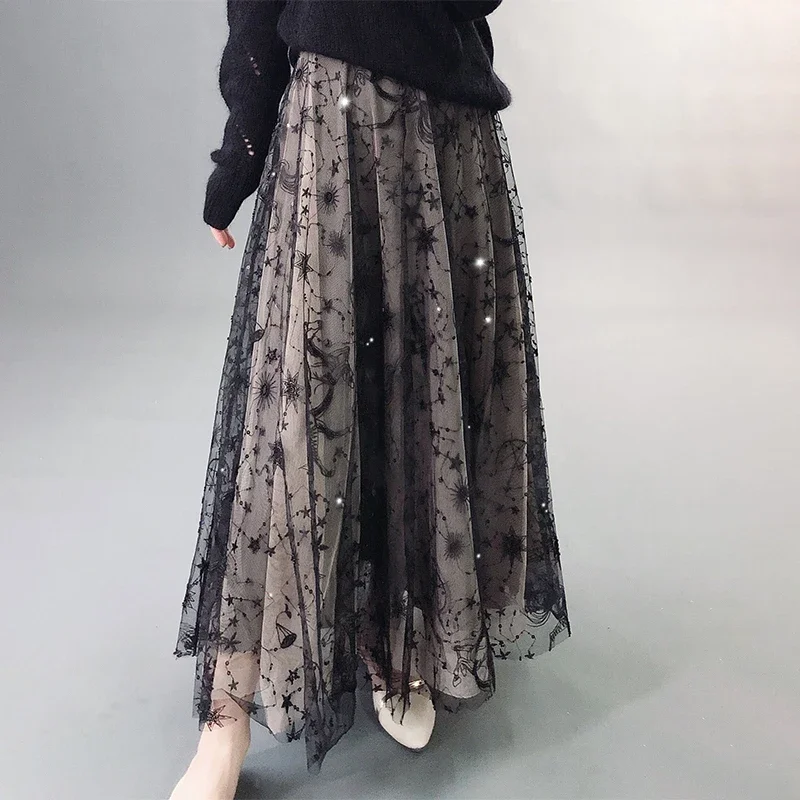 New  type hazy cascade gauze skirt sequins embroidered half length A shaped pendulum  9DA18