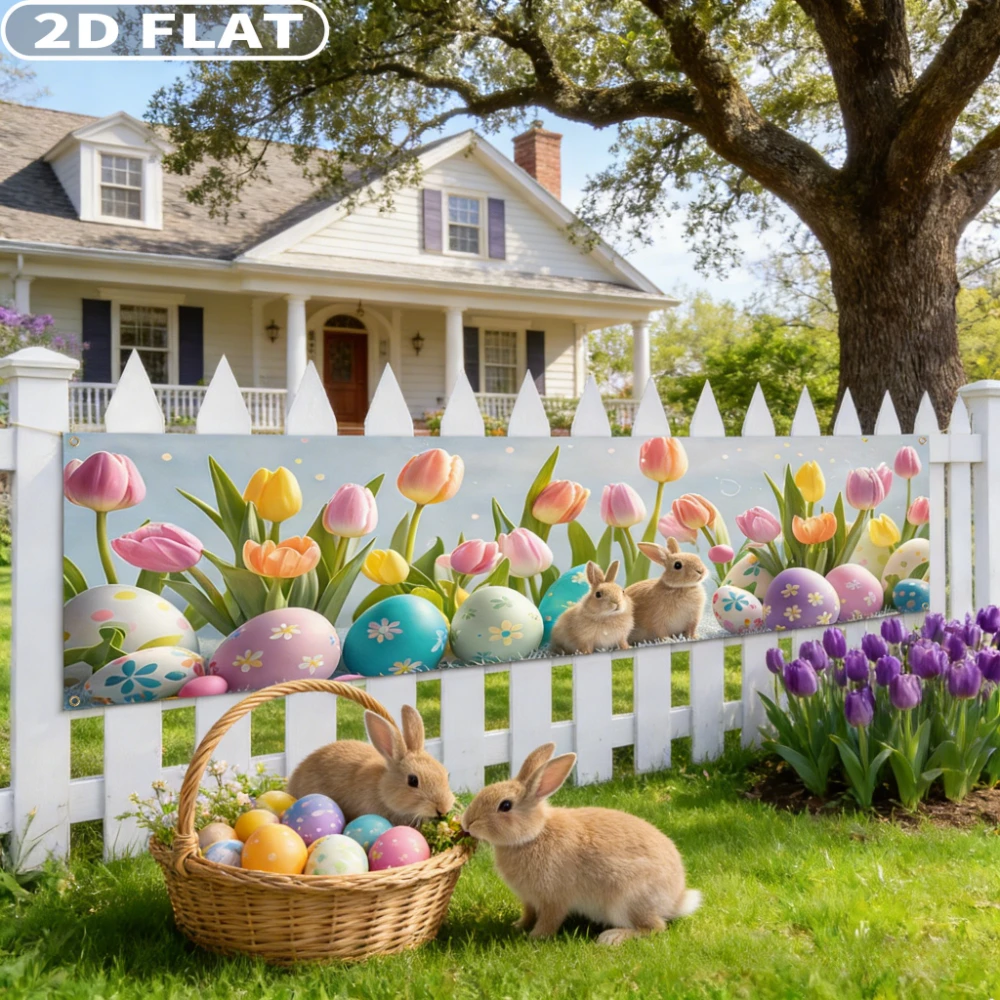 

2D FLAT 1pc Hanging Ornaments Easter Celebration Polyester Banner - 17.72X78.74inch, Bunny & Tulip Design with Colorful Eggs