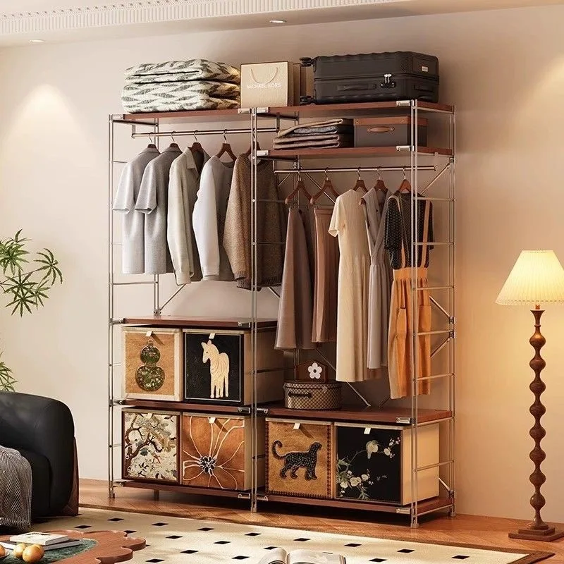 

Household open coat rack Japanese log wind hanger bedroom long skirt storage wardrobe simple rack