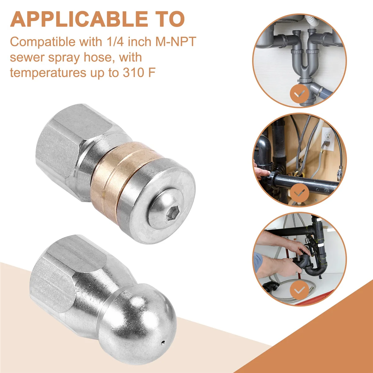 Bico de mangueira de jato de esgoto, bico de mangueira de lavadora de alta pressão, 1 bico de nariz de botão e 1 bico giratório, pacote de 2 tamanhos quentes