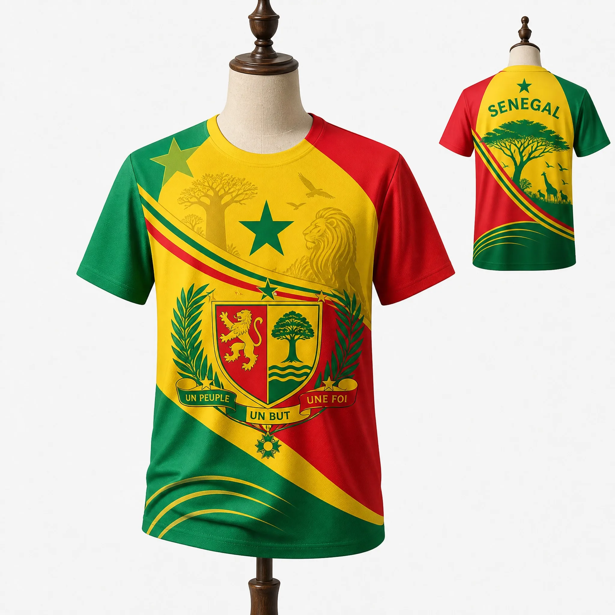 Senegal Mens Crest Safari Graphic Tee Tricolor Panel Shirt Short Sleeve Football Fan Top Street Stadium Casual Wear Summer Style
