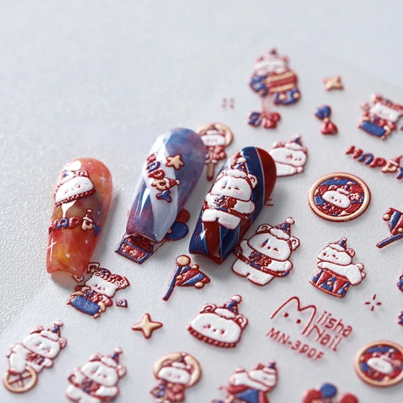 Cartoon Circus TroupTalent Show Bear Balloons Bowknot Flag Stars Embossed Reliefs Adhesive Nail Art Stickers Cute Manicure Decal