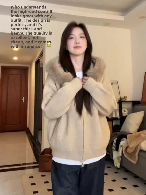 

Korean Style Loose Knitted Hat Sweater Women's Early Spring Large Fur Collar Casual Style Knitted Outerwear Top