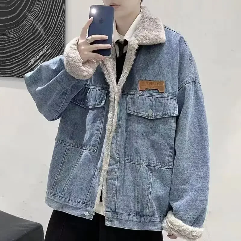 

New Winter Imitation Rabbit Fur Inner Denim Jacket for Men's Trendy Loose Fleece Jean Coats Couple Lapel Retro Thick Outerwear