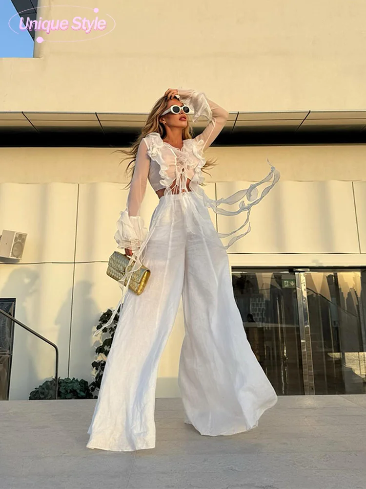 White Cotton Linen Ruffles Lace Up Shirt Pants Suits Women Elegant V Neck Flare Sleeves Top Wide Leg Pants Set Summer Lady Wear
